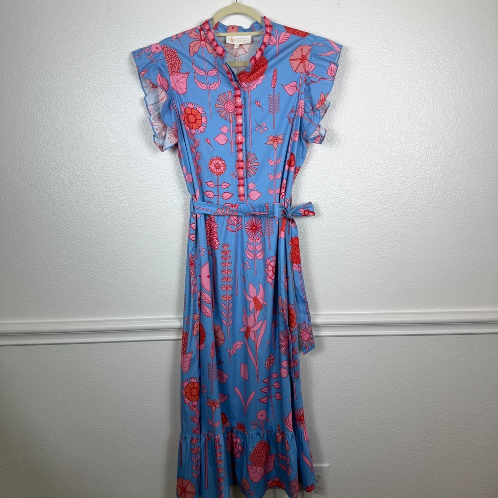 Sheridan French Dress Large Blue Pink Red Maxi Dress Beaded Jeweled Neckline